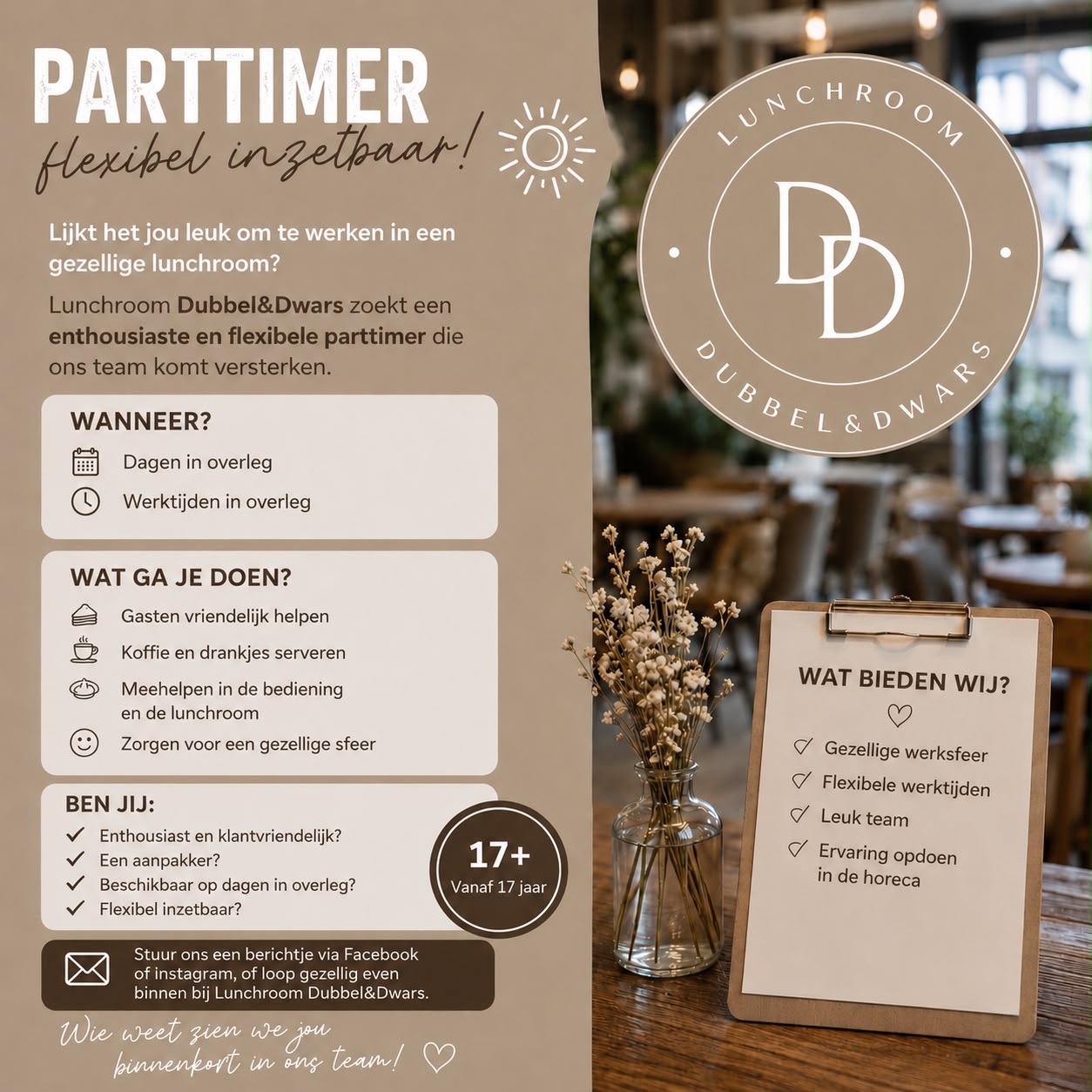 Vacature: parttimer flexibel inzetbaar gezocht bij Lunchroom Dubbel & Dwars